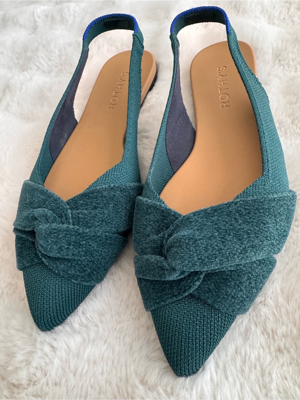 Rothy's Teal Knitted Pointed Slingback Flats with Knotted Detail